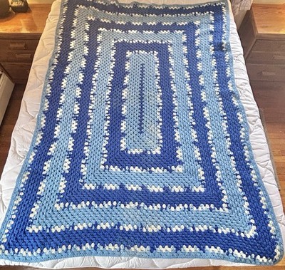 Vintage Hand Crochet Afghan Throw Blanket 54  x 76  Blue White