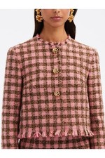Oscar de la Renta Checked Tweed Short Jacket Floral Button Fringe NWOT XXL US 16