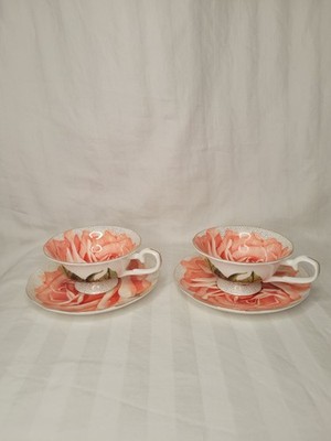 Stechol Gracie - Pair of Footed Cup and Saucers Rose Bone China - Garden Whimsy
