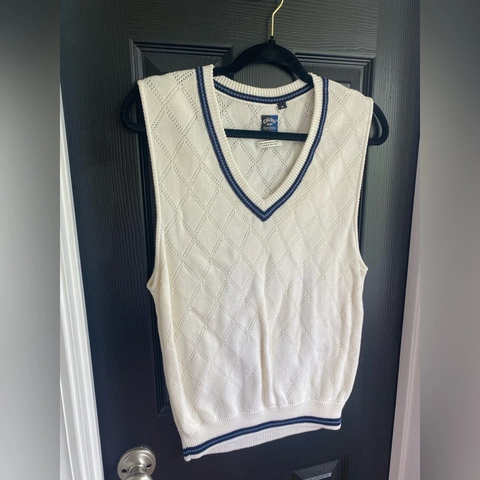 Callaway Golf Ropa Suéter Chaleco Cuello en V Crema/Azul Tejido 100% Algodón-Talla M Foto 2 de 4