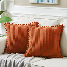 Pack of 2 Burnt Orange Decorative Throw Pillow Covers 20x20 Inch with Pom-poms f
