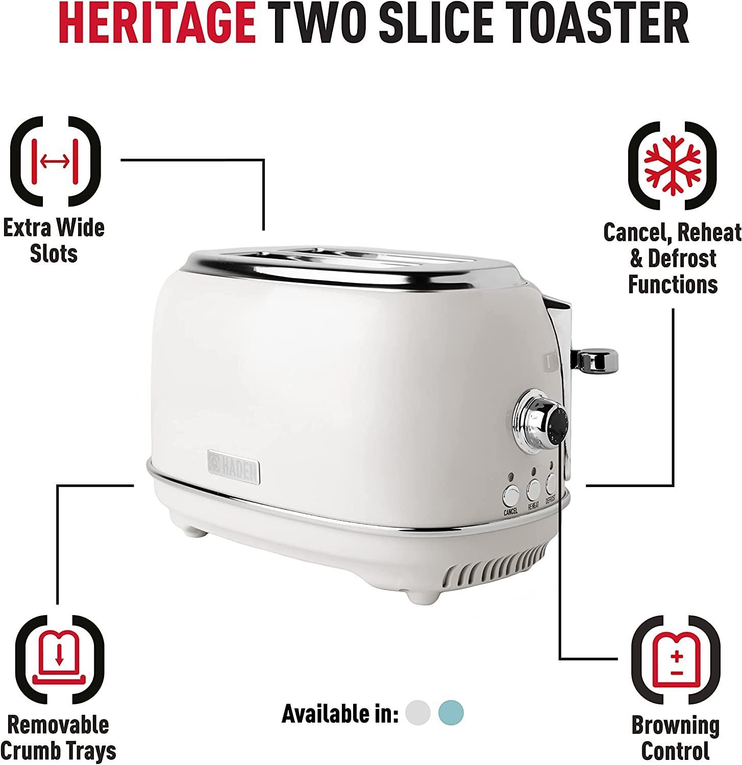 Haden Heritage Ivory White 2 Slice Toaster Extra Wide Slot Dual