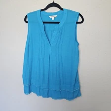 Counterparts Top Womens Large Blue Sleeveless Tunic V Neck Pleat Front Fringe