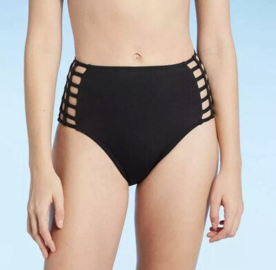 Women's Shade Shore Caged High Waist Bikini Bottom Black Small