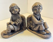 Bookends Boy Girl Plaster Chalkware Bronze Pained 6  
