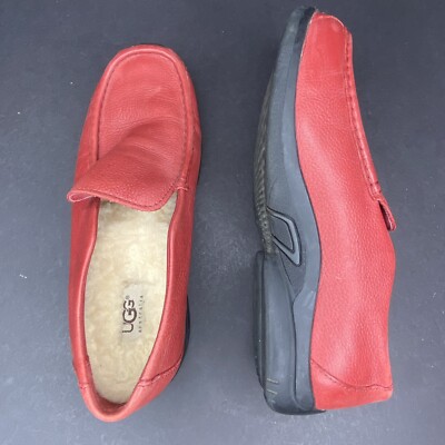 UGG Womens 8 Red Leather Sheepskin Sherpa Lined Slip On Moccasin Loafers Warm