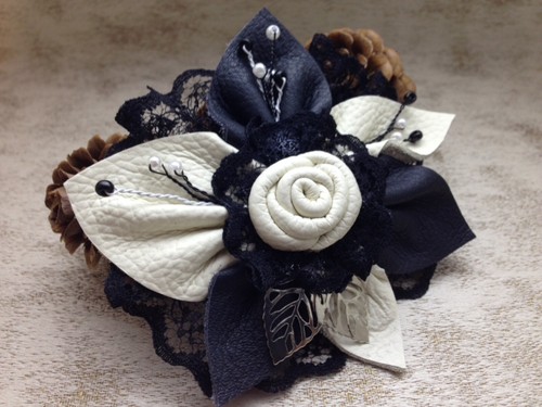 Handmade Leather And Black Lace Brooch LARP Festival  Gothic. Made In England.