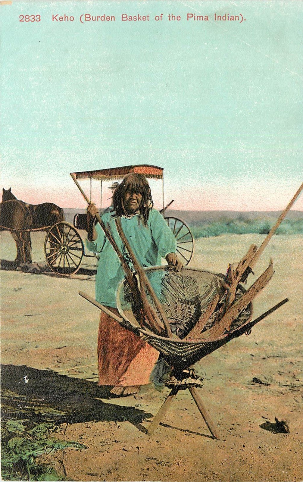 c1907 Postcard 2833 Woman & Keho Burden Basket Pima Native American
