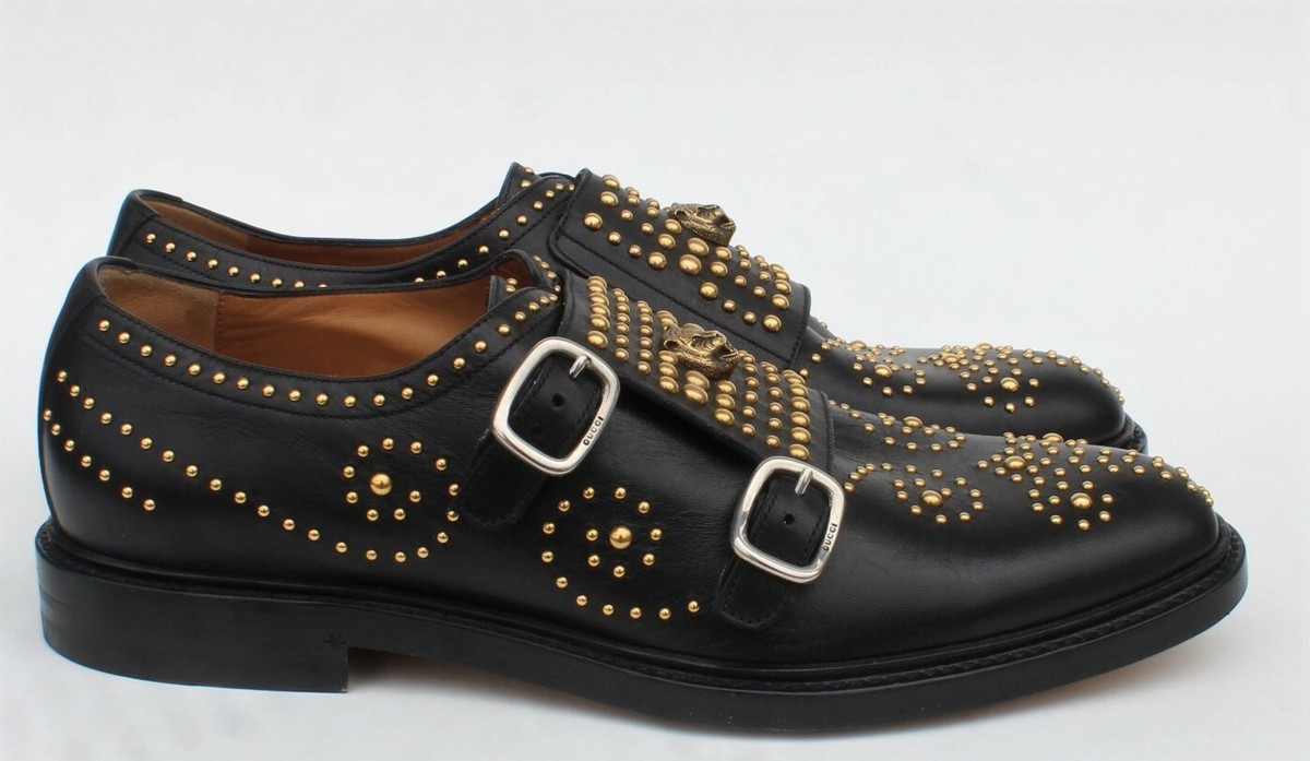 GUCCI Double Monk Feline Tiger Motif Gold Studded Queercore Black