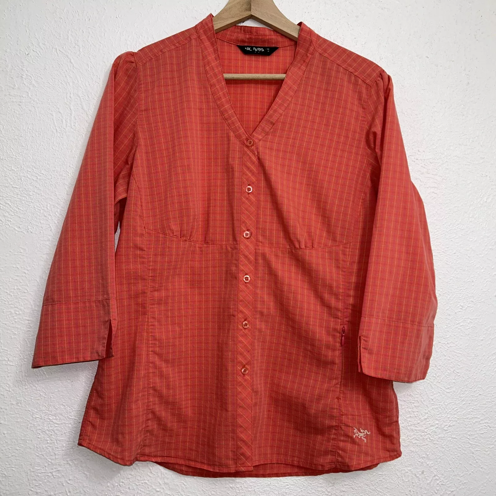 arcteryx window pane plaid collarless button up pocket shirt