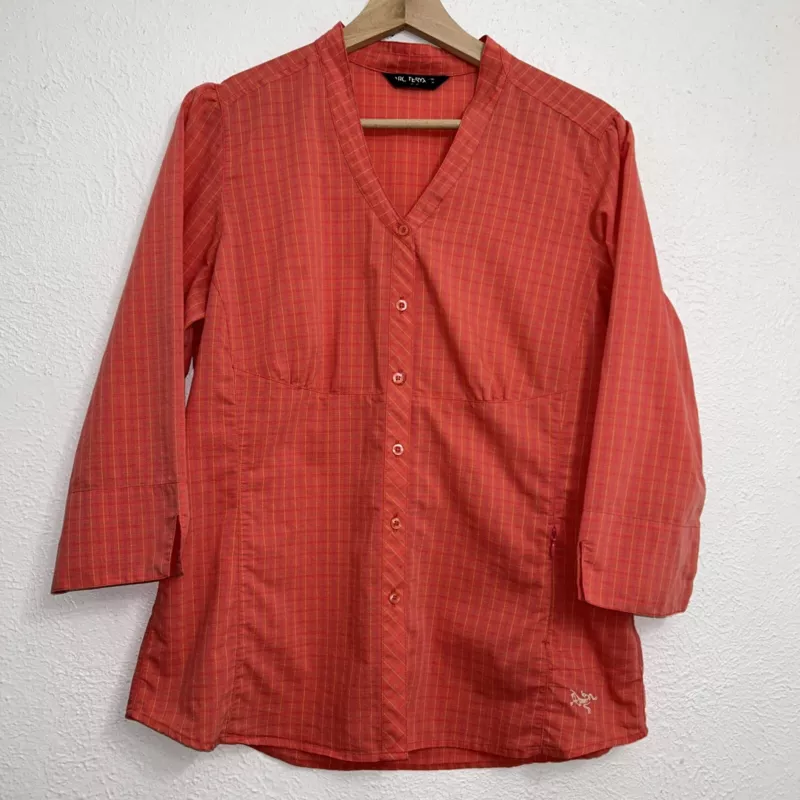 arcteryx window pane plaid collarless button up pocket shirt