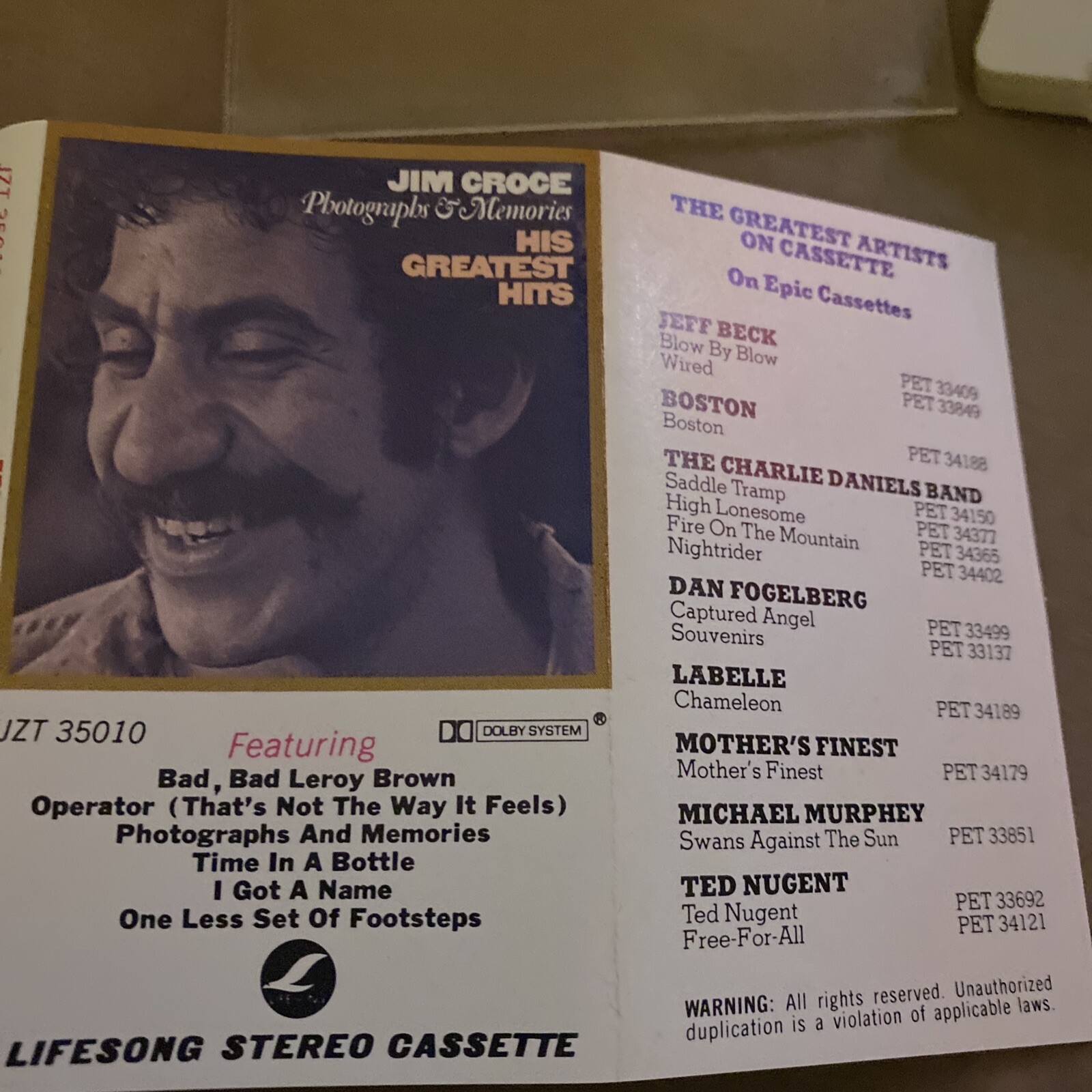 JIM CROCE Photographs And Memories His Greatest Hits (1974 CASSETTE