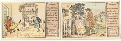 Randolph Caldecott Zeichnungen Komm Mädchen & Frosch umwerben auf zwei Vintage Postkarten