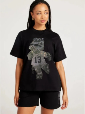 New Women Luxury Diamond Bear Rhinestones Black White T-Shirt High Quality