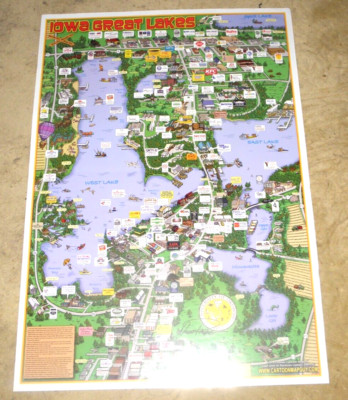 VINTAGE LOVELY ILLUSTRATED CARTOON MAP OF IOWA GREAT LAKES BUSINESSES 2007