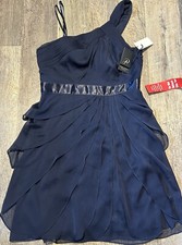 NWT Adrianna Papell Womens One Shoulder Flutter Chiffon Gown Midnight Blue Sz 10