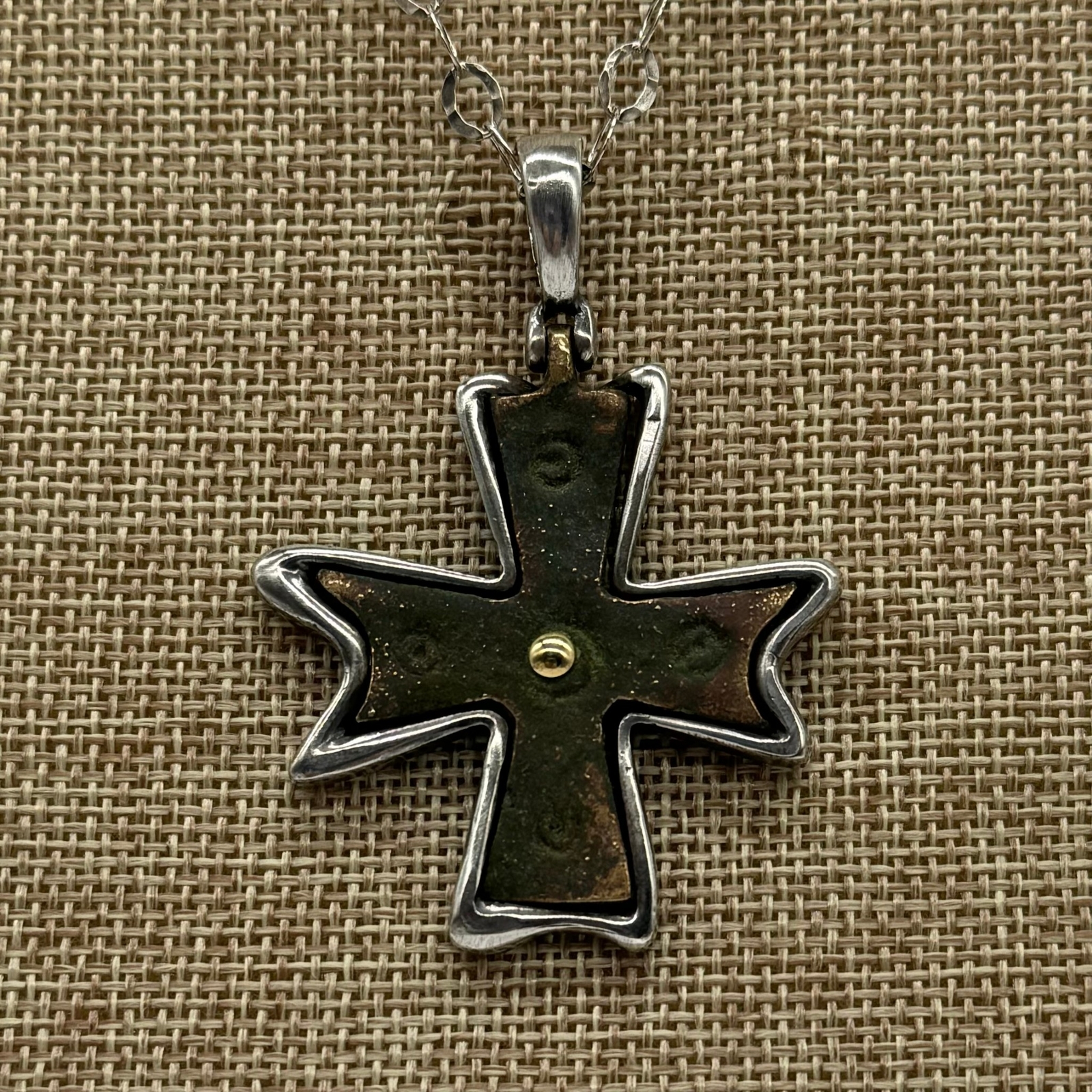 Ancient Byzantine Bronze Cross in Sterling Silver Setting & 20
