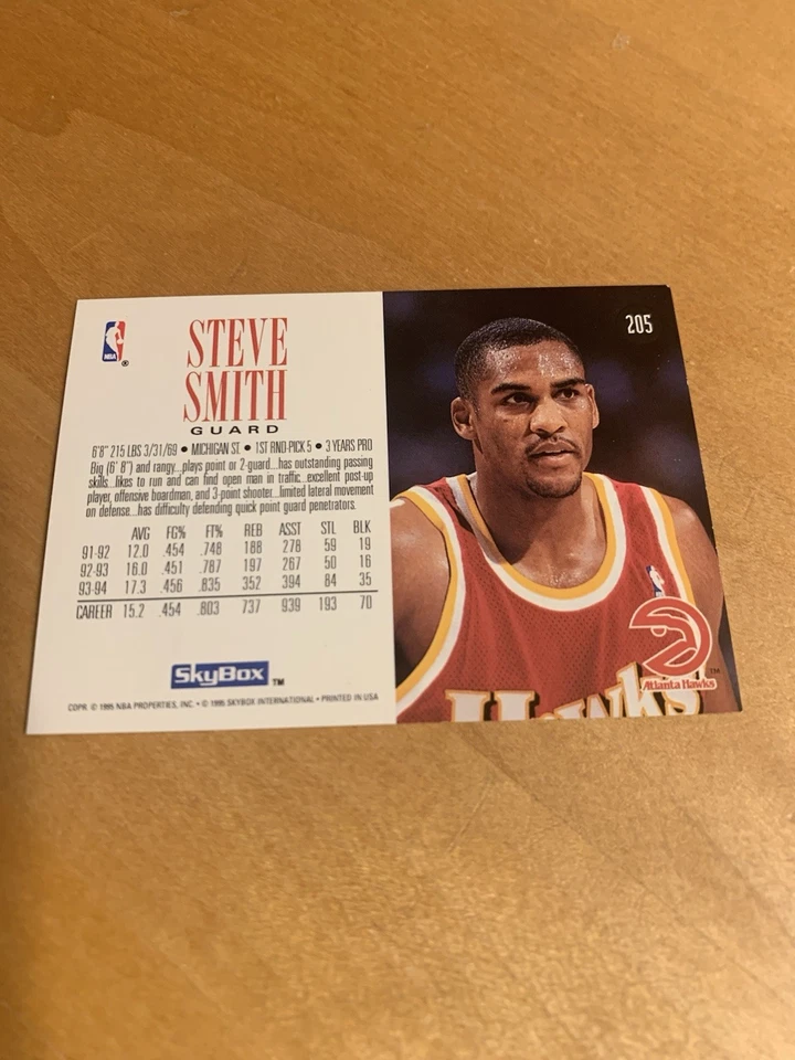 1994-95 SkyBox Premium Atlanta Hawks Basketball Card #205 Steve Smith - Image 2 of 2