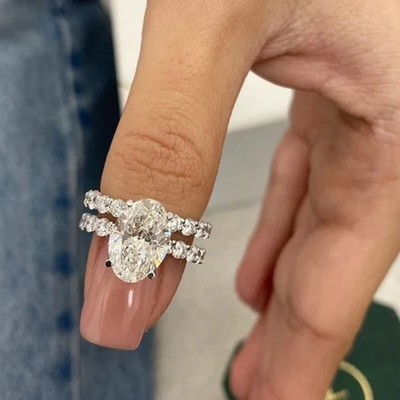 3.56 TCW Oval Cut Moissanite Bridal Set Engagement Ring 14K White Gold Plated