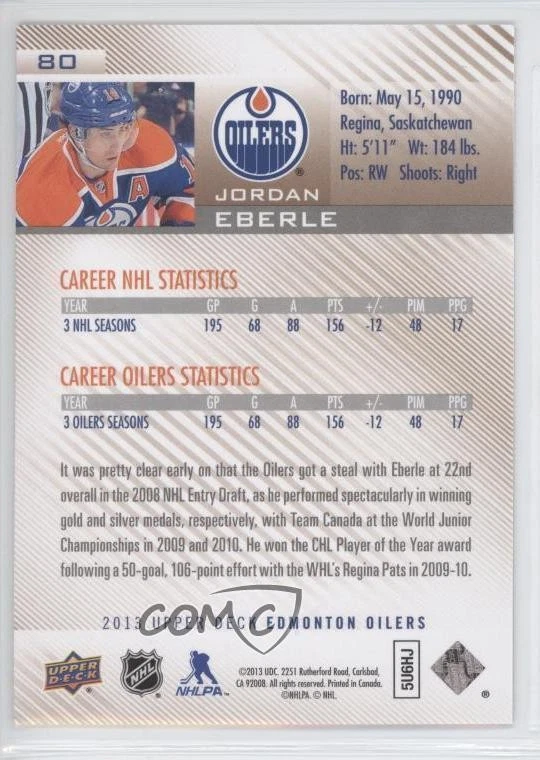 2013-14 Upper Deck Edmonton Oilers Rainbow Foil Jordan Eberle #80 - Image 2 of 2