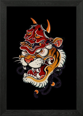 Tiger und Oni Maske Tattoo Design gerahmt Wandbild Poster Leinwanddruck Bild