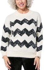 Jaclyn Smith Women's Sequin Chevron Striped Sweater Black Beauty/Egret