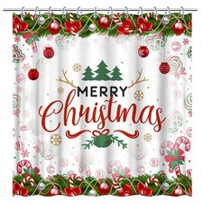 Merry Christmas Shower Curtain 72" x 72" Candy Cane Xmas Tree Snowflakes Wint...