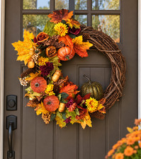 Handmade Fall Grapevine Wreath with Pumpkins Flowers Autumn Front Door Decor