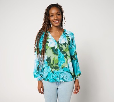 Wacoal Women's Top Sz M Printed Blouson Sleeve Blouse Multi-colored A693058