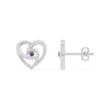 925 Sterling Silver Round 0.1 Ctw Amethyst Heart Stud Women Engagement Earrings