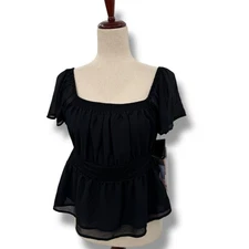 NEW Celebrity Pink Flutter Sleeve Top Large Black Lace Babydoll Empire waist