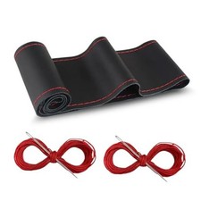 Car Genuine Leather Steering Wheel Cover, DIY Sewing with Glossy Black Red