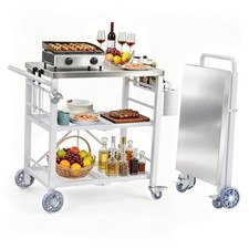 Folding Grill Table with Storage Rack, Stainless Steel Outdoor BBQ Cart, White