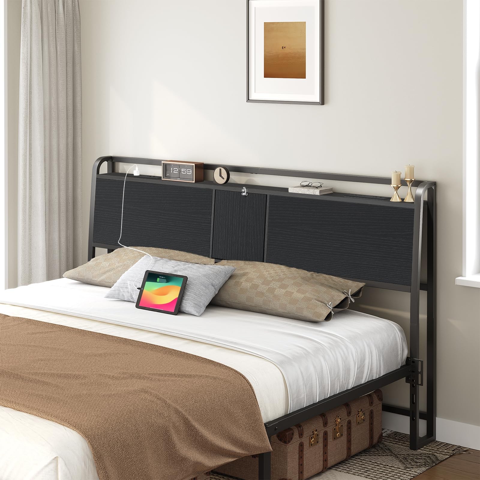 Headboard King Size, Headboard with 4 Outlets and 4 USB Ports, Industrial Hea...-image