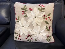 Floral Embroidered, Red Piping Throw Pillow. Size 18 X 18