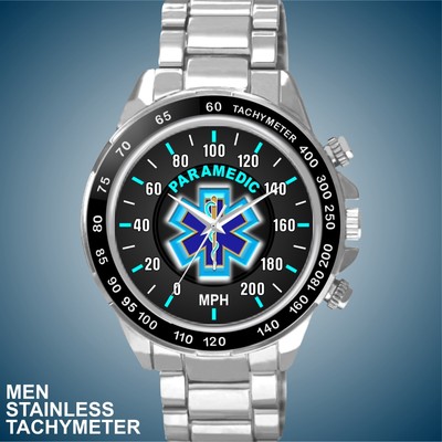 Paramedic 200 MPH Blue Star of Life Cross Design Speedometer Tachymeter Watch