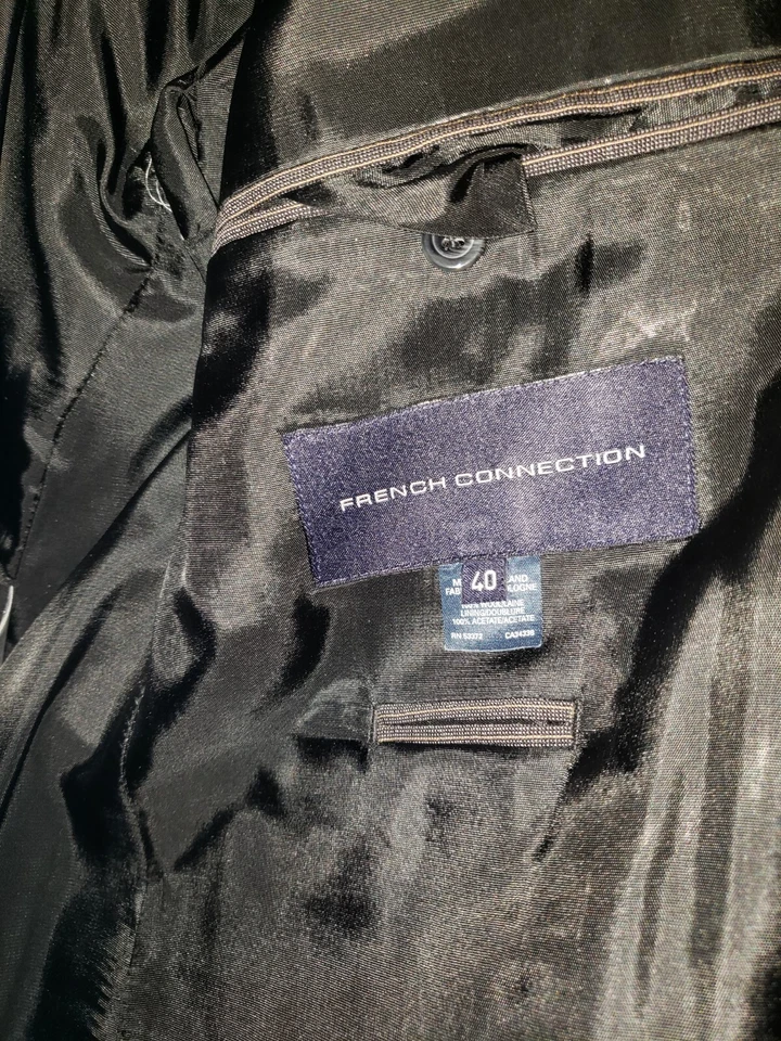 NEW Vintage French Connection 2-Pc Black Pinstripe Suit Sz 40 Jacket, Sz 36 Pant - Image 4 of 4