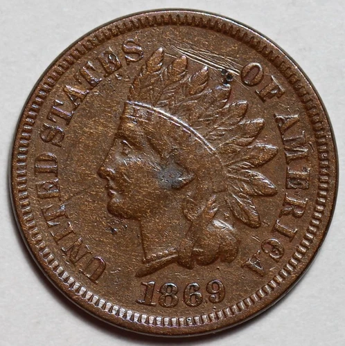 1869 Indian Head Cent - Damage - US Semi-Key 1c Penny Coin