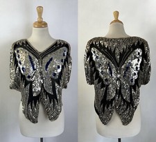 Beaded Butterfly Blouse Top Vintage 80s Party Glam Disco Shimmer Formal READ M