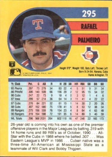 1991 Fleer #295a Rafael Palmeiro - Image 2 of 2