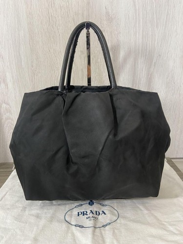 PRADA Tote Bag Nylon Ribbon Logo Plate Black Shoulder Bag - Picture 4 of 19