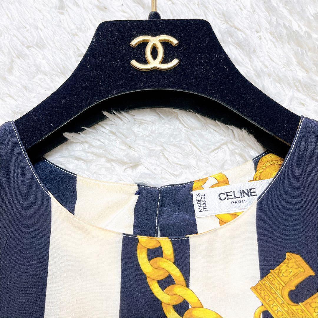 CELINE Silk Shirt Top Short Sleeve Vintage Chain Pattern CELINE Silk Shirt Top Short Sleeve Vintage Chain Pattern
