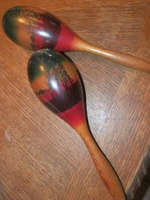 Pair Of Vintage Gourd Maracas Lightweight, Hand Painted, 10 x 2.5"