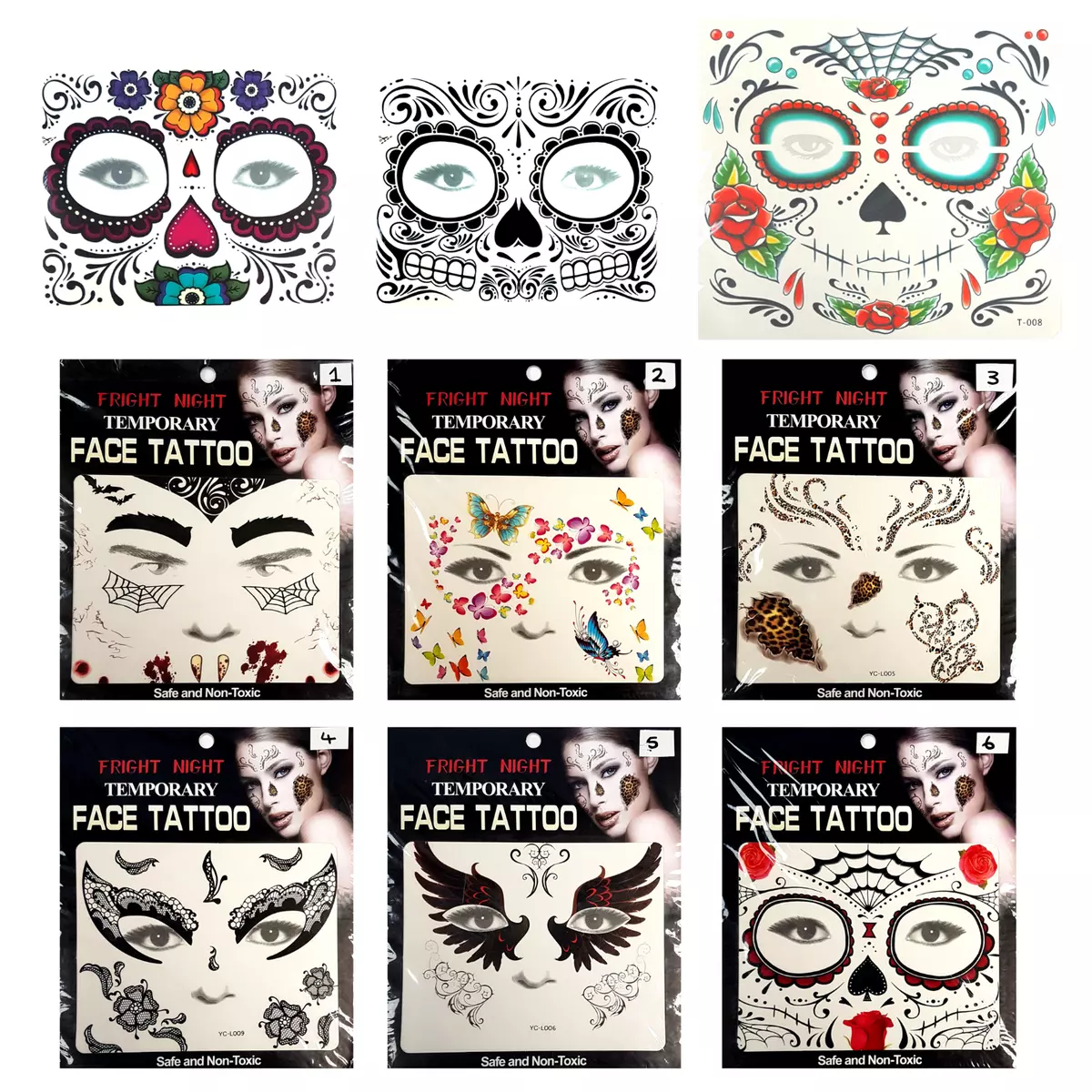 HALLOWEEN TEMPORARY FACE TATTOOS Sugar Skull Floral Vampire Day Of The Dead