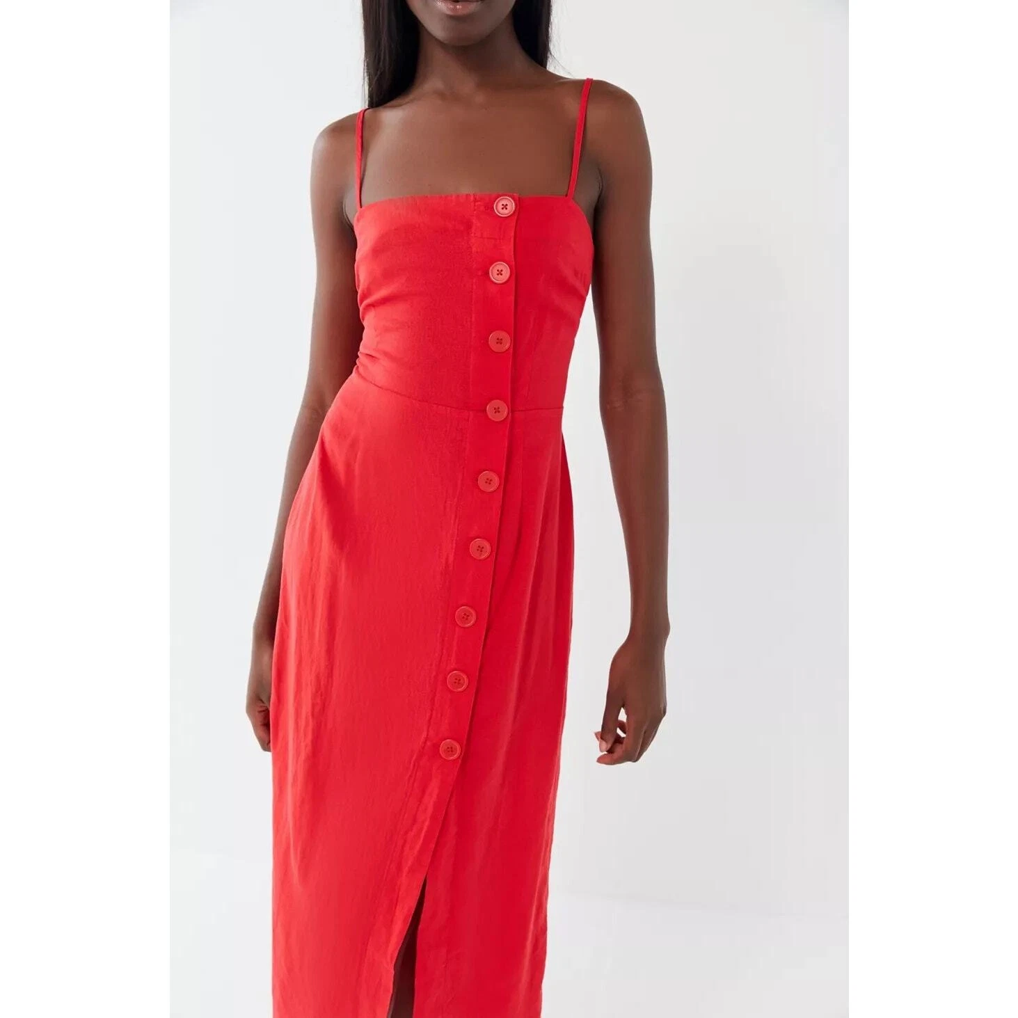 Urban Outfitters Red Onyx Linen Button-Front Slit Spaghetti Straps Midi Dress XS - Picture 4 of 8