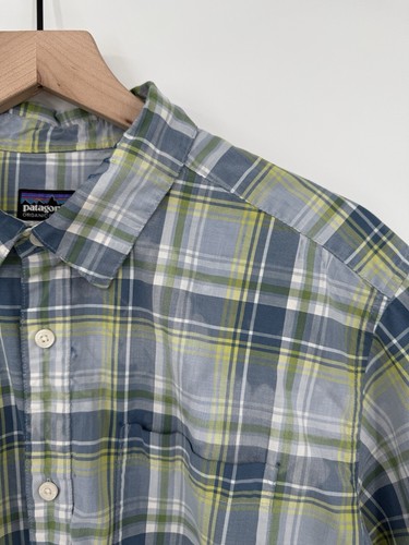 Patagonia Hemd Herren Large Kurzarm blau kariert Knopfleiste leicht Bio - Bild 4 von 5