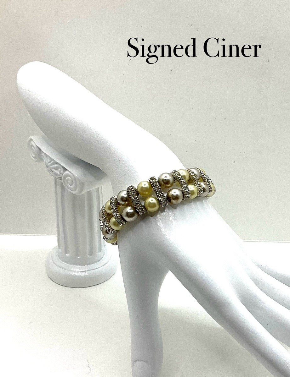 Vintage Signed CINER Faux Pale Gray & Yellow Pearls Rhinestone
