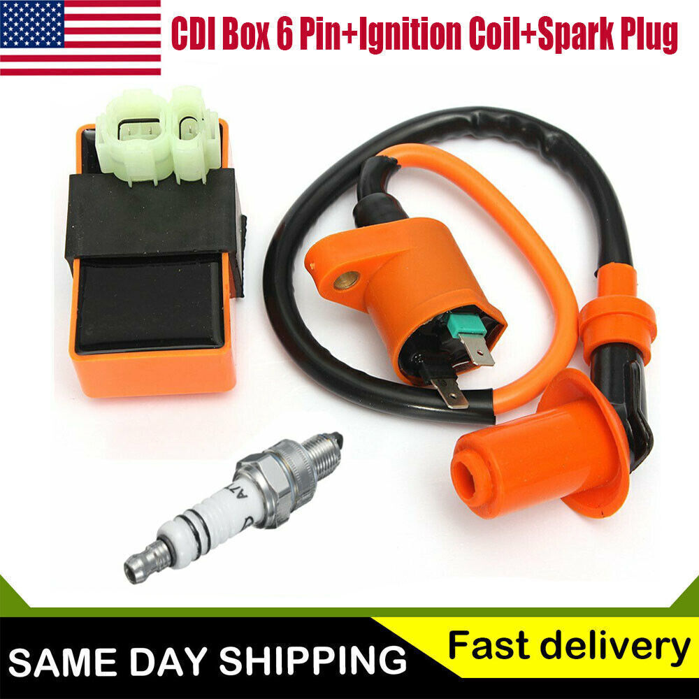 Racing CDI Box 6 Pin+Ignition Coil+Spark Plug for GY6 50-150cc 