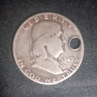 Franklin half dollar coin 1949 D, 50c, circulated, holed, 90% silver