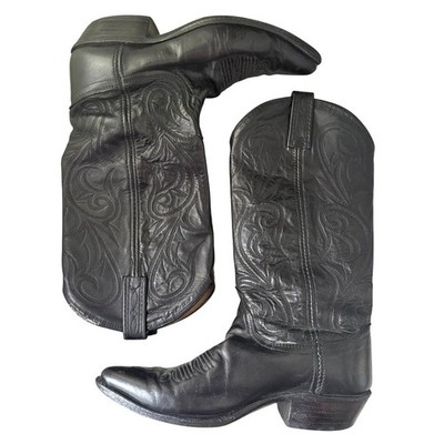 Vintage Dan Post Black Leather Western Cowboy Boots Pointed Toe Made in USA 6M